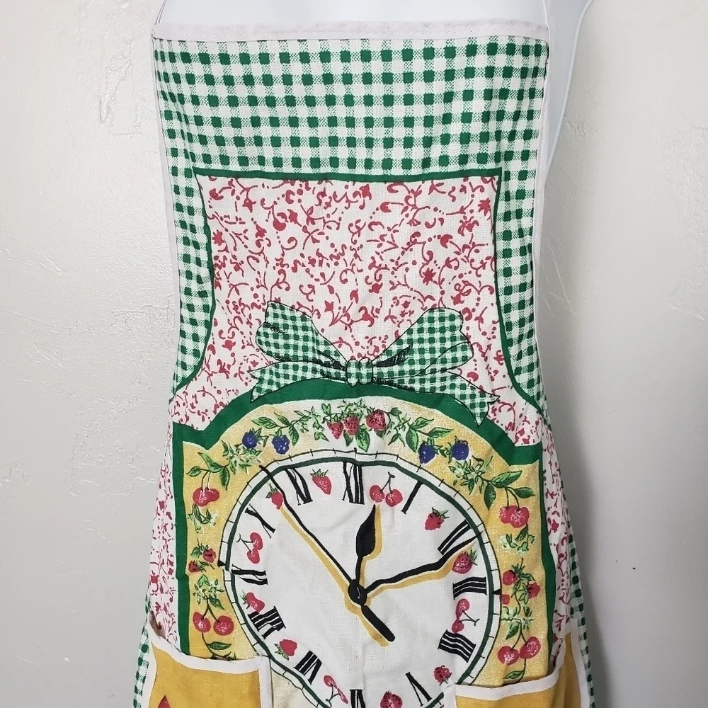 Vintage Apron Smock Green Gingham Plaid Red Apples Clock Yellow Fall Harvest